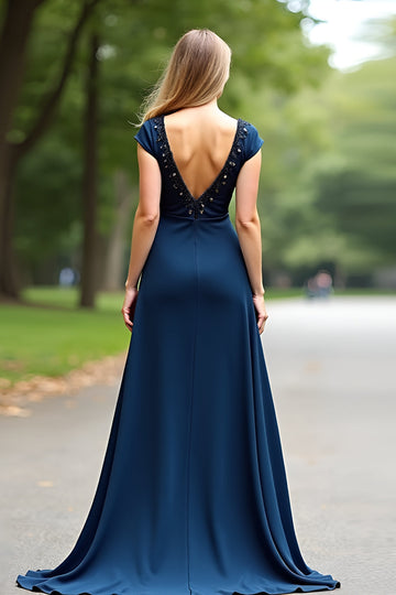Robe de mère de la mariée à manches courtes longue à col en V perlée bleu marine